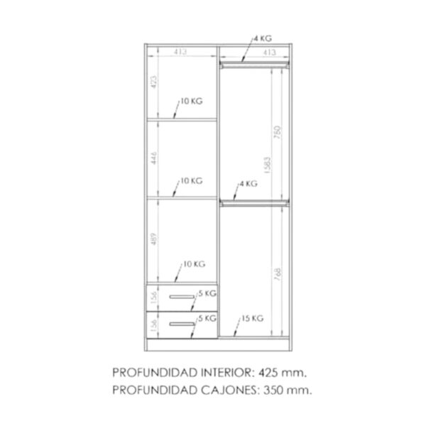 DIELFE PLACARD 2 PUERTAS DE ABRI, ESTANTES Y 2 CAJONES PAC090 - Imagen 5