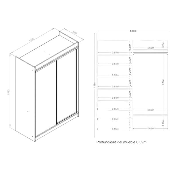 VESTIDOR 2 PUERTAS CORREDIZAS CON ESPEJO 140x200 CORSA - Imagen 7